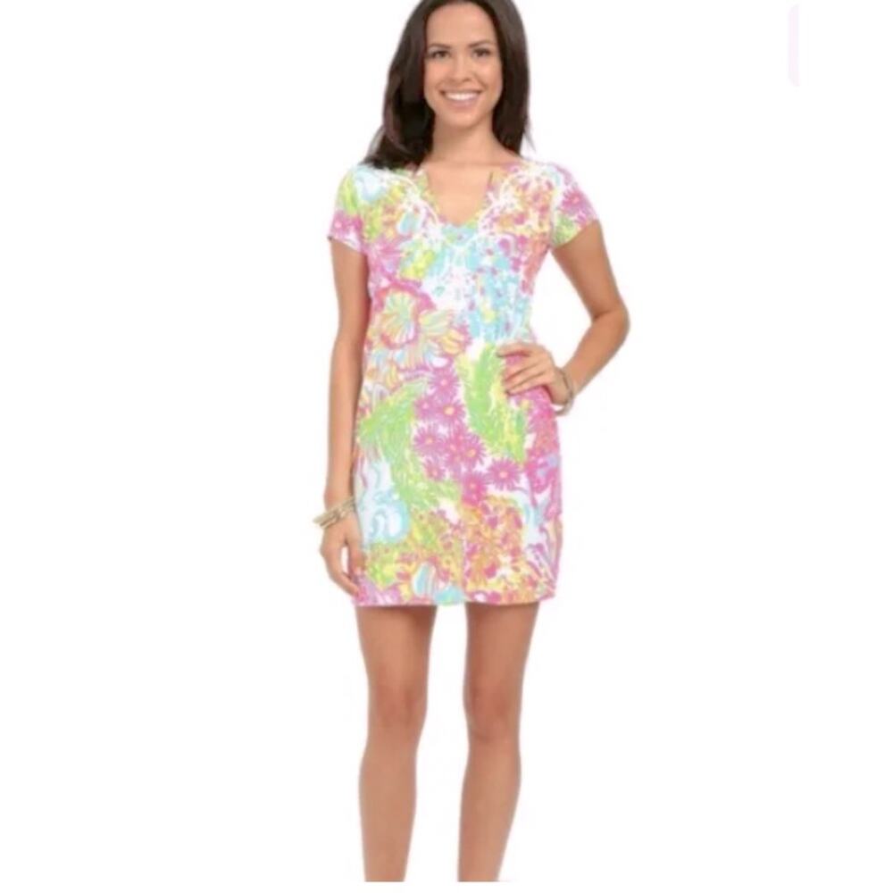 Lilly Pulitzer Women Multi Lovers Coral V-neck Tunic Brewster Dress Size XXS